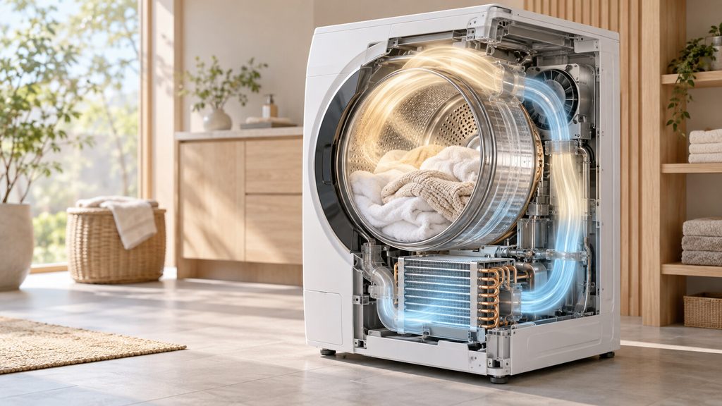 熱交換器と空気循環を可視化したヒートポンプ式ドラム式洗濯機
