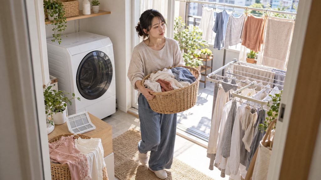 乾燥機能を使わず洗濯物を干す日本人女性とドラム式洗濯機