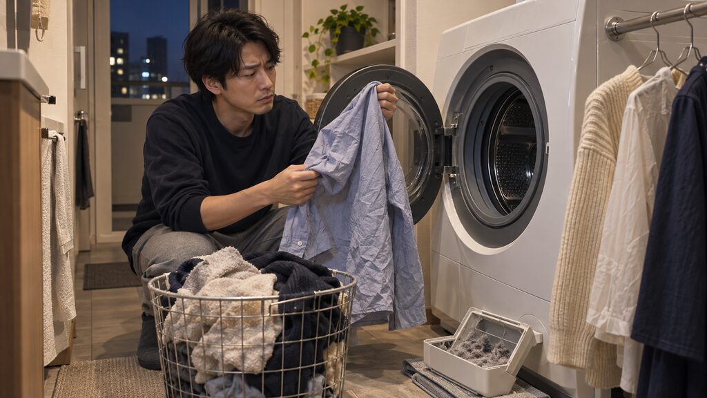 乾き残りのあるシャツと糸くずフィルターを見て困る日本人男性とドラム式洗濯機