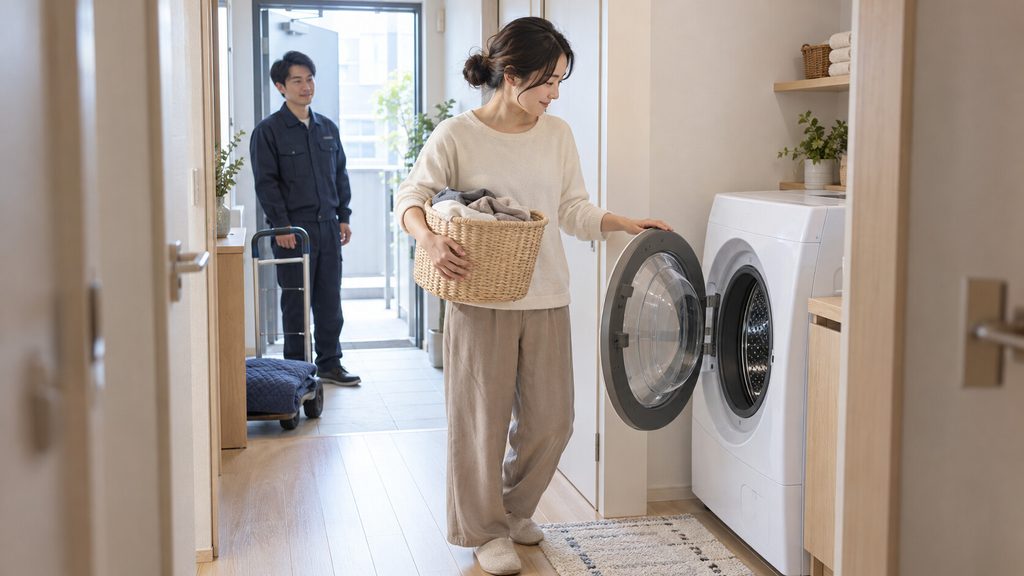 家電レンタルでドラム式洗濯機の設置と使い勝手を自宅で試す日本人女性