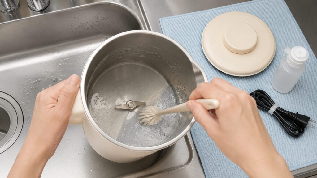 レコルト自動調理ポットのラージをぬるま湯と付属ブラシで基本洗浄する様子