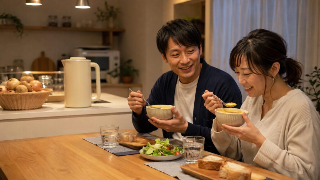 レコルト自動調理ポットで作った野菜スープを楽しむ共働きの日本人夫婦