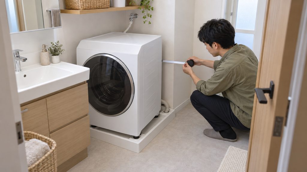 ドラム式洗濯機の設置スペースと周囲の余白を確認する男性
