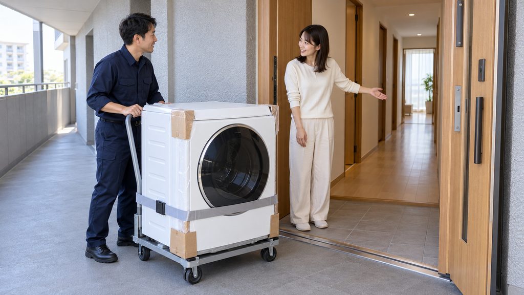 配送・設置に向けて、ドラム式洗濯機の搬入経路を確認する様子