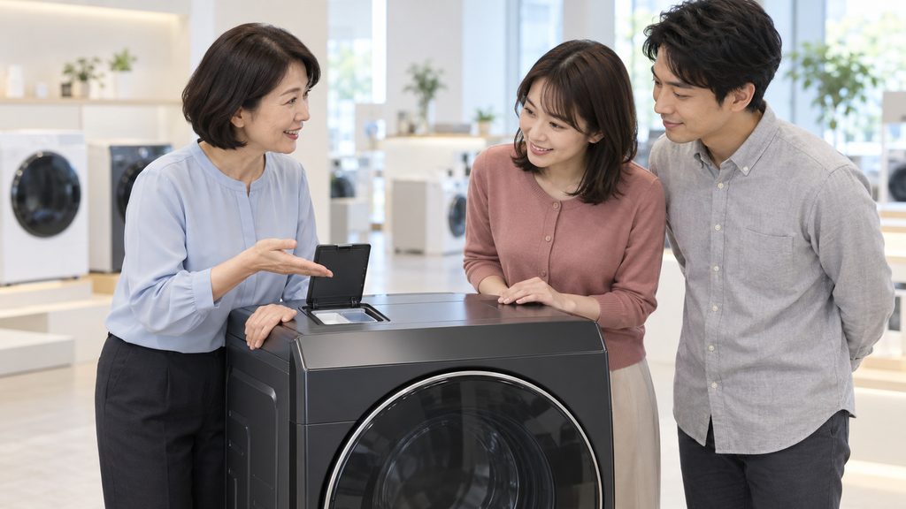 店頭でドラム式洗濯機の自動投入機能について店員の説明を聞く男女