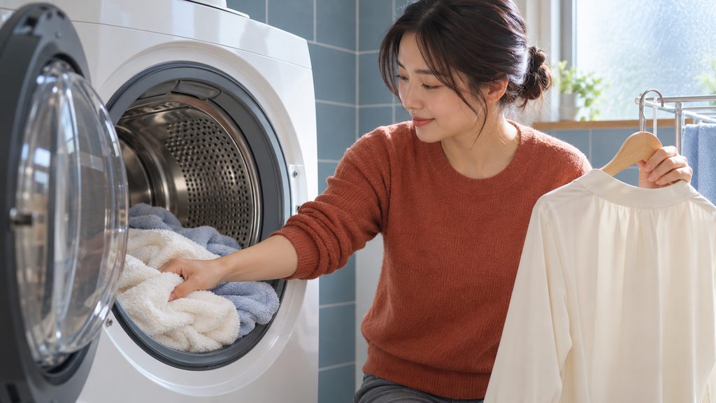 ドラム式洗濯乾燥機にタオルを入れ、ブラウスを別に仕分ける女性