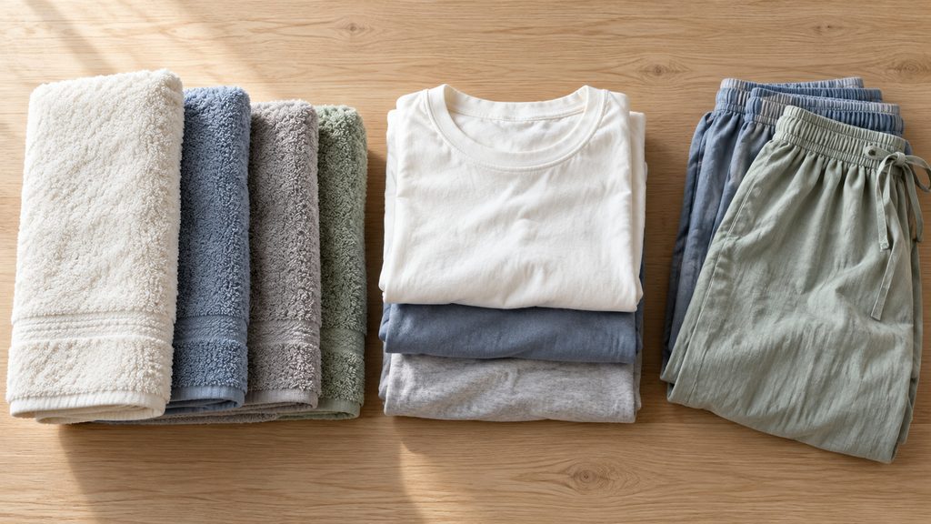hitachi-big-drum-drying-load.jpg ビッグドラムの乾燥量を選ぶために、タオルと普段着を種類別に並べた様子