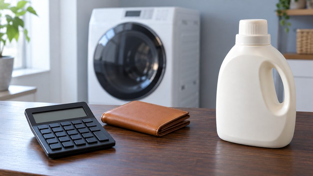 ドラム式洗濯機の購入費用と維持費を考えるために並べた電卓、財布、洗剤