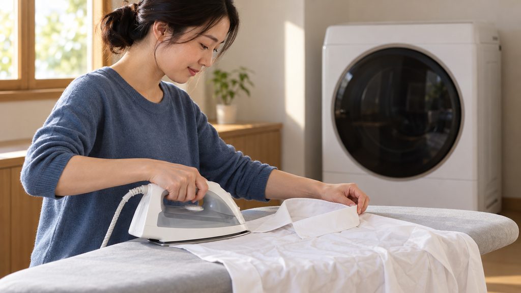 乾燥後の綿シャツをアイロンで仕上げる日本人女性