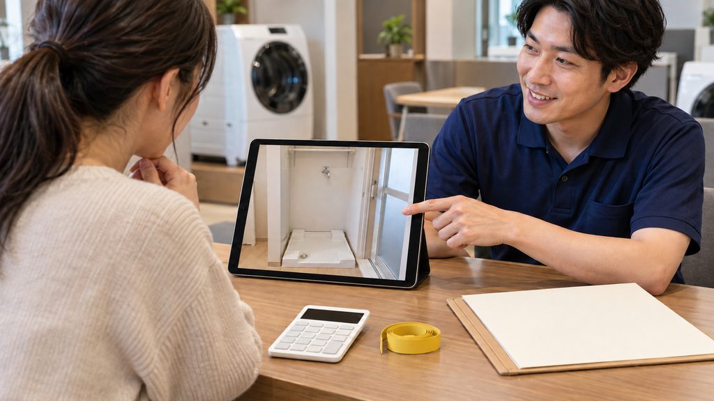 洗面所の写真と電卓を使い、ドラム式洗濯機の設置条件と購入費用を販売員に相談する様子