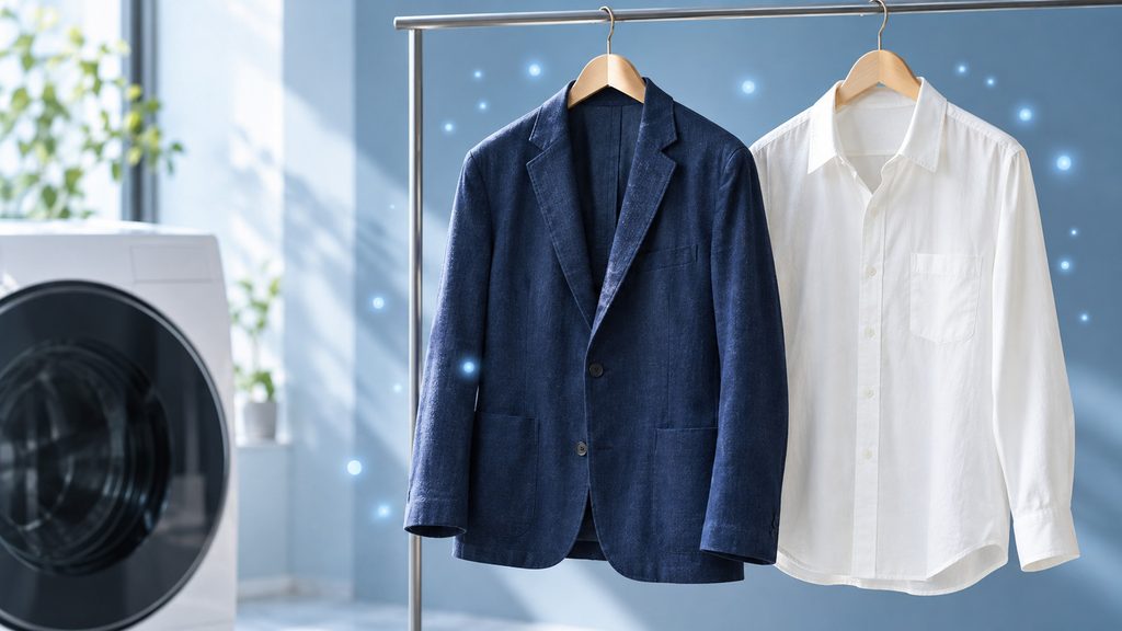 プラズマクラスターの衣類ケアをイメージした、ジャケットとシャツの周りに漂う青い光